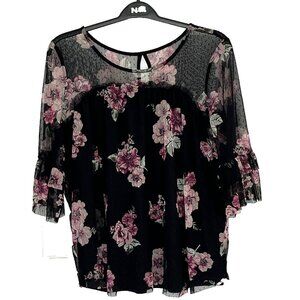 No Boundaries Top 2XL (19) Sheer Mesh Dark Floral Fairy Grunge Bell Sleeve